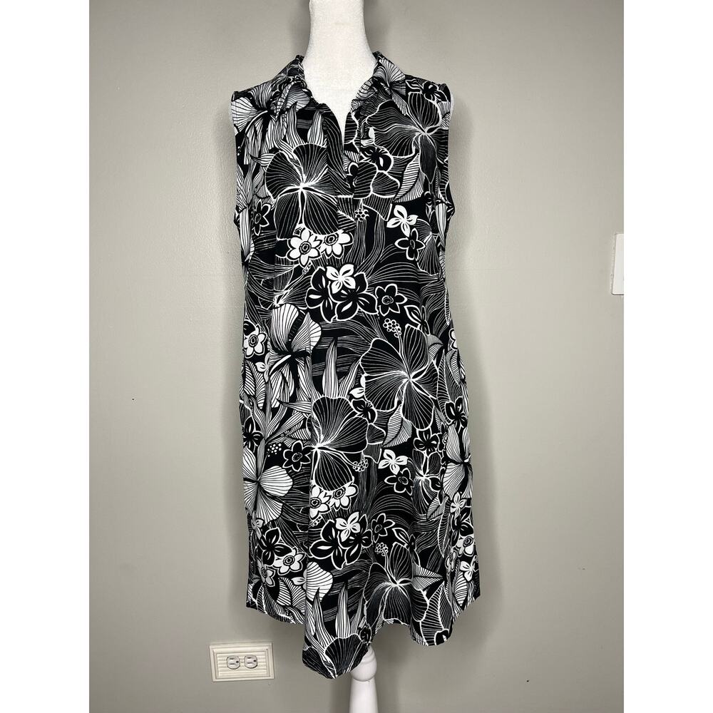 Blue Ginger Black White Floral Sleeveless Collared Dress Cover Up Womens L Rayon